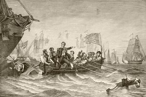 Velitel Oliver Hazard Perry přestupuje z amerického Briga Lawrence do americké Brig Niagra během bitvy u Erijského jezera (litho) od English School