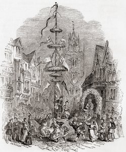 Tanec s májkou před kostelem St Andrew Undershaft v Londýně v 19. století, ze staré Anglie: z obrazového muzea, pub. 1847 od English School