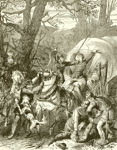 Středověké zvyky. Loupežní rytíři útočící na obchodní karavanu od English School