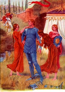 Středověký rytíř, Jitřenka se připravuje na bitvu. Barevná ilustrace z příběhu Garetha a Lynette z knihy Brána do Tennysonu vydané v roce 1910. od English School