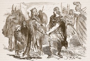 Setkání Edmunda Ironsidea a Canuta na ostrově Alney v Severnu v roce 1016, ilustrace z Cassells Illustrated History of England (sépiová fotografie) od English School