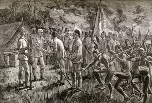 Mehmet Emin Pasha a Gaetano Casati přijíždějí do tábora sira Henryho Mortona Stanleyho na břehu jezera u jezera Albert v roce 1889, 1890 (dřevoryt) od English School