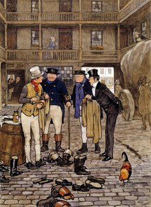 Členové Pickwickova klubu se setkávají se Samem Willerem Ilustrace děl Charlese Dickense (1812-1870) z anglické školy. 1837 Soukromá sbírka od English School
