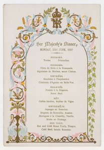 Menu pro večeři královny Viktorie v pondělí 21. června 1897, den před jejím diamantovým jubileem od English School