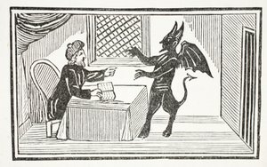 Mefistofeles přichází do domu doktorů, ilustrace z Chap-books of the Eighteenth Century od Johna Ashtona, hospoda. 1882 od English School