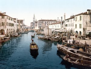 Rybí trh, Chioggia (ručně kolorovaná fotografie) od English School