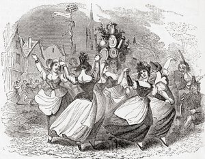 Tanec dojiček, s hromadou talířů, May Day, Anglie, ze staré Anglie: A Pictorial Museum, pub. 1847 od English School