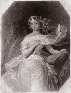 Miranda (The Tempest - La Tempete) v - „“ Galerie des femmes de Shakespeare, sbírka čtyřiceti pěti vážných portrétů prvních londýnských umělců, obohacená o kritické a literární poznámky“““ kolem roku 1838 – z „“ Galerie žen Shakespeara, od English School