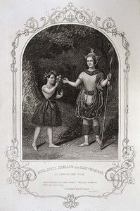 Slečna Julia Harland a slečna Conquest jako Oberon a Puck, dějství II Scéna 2 ze „Snu noci svatojánské“, z daguerrotypie od Paine of Islington, vyryto J. Moore, hospoda. od John Tallis & Co. (litho) od English School