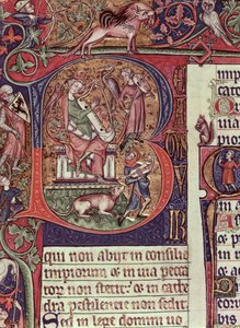 Mms 9961-2 Historická iniciála B z Peterboroughského žaltáře zobrazující krále Davida hrajícího na harfu, angličtina, (asi 1310-20) od English School