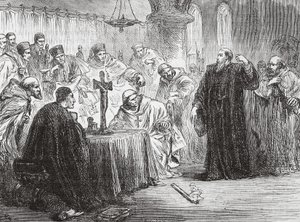 Mollio shazuje pochodeň před inkvizicí, ilustrace z Historie protestantismu od Jamese Aitkena Wylie (1808-1890), hospoda. 1878 od English School