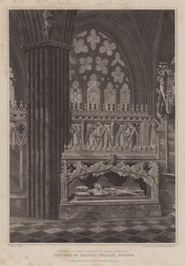 Památník biskupa Stapledona, zakladatele Exeter College, Oxford, v Exeterské katedrále (rytina) od English School