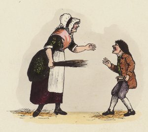 Matka nebo školní dáma, ukázňující chlapce držícího knihu rohu (barevná rytina) od English School