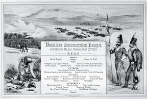 Namontované ilustrované menu pro slavnostní banket Balaklava, který se konal v paláci Alexandra, 25. října 1875 (rytina) od English School