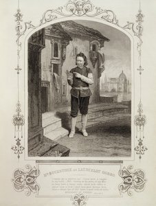 Pan Buckstone jako Lancelot Gobbo, dějství II, scéna 2, v Kupci benátském od Williama Shakespeara (1564-1616)