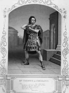 Pan Creswick jako Coriolanus, dějství V, scéna 5, ve hře Williama Shakespeara (1564-1616) (rytina) od English School
