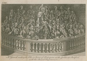 Pan David Garrick recitoval Ódu na počest Williama Shakespeara na jubileu ve Stratfordu od English School