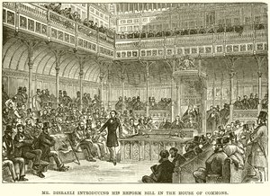 Pan Disraeli představuje svůj reformní zákon v Dolní sněmovně