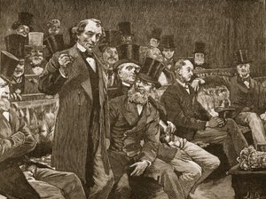 Pan Disraeli vypráví v Dolní sněmovně svůj příběh o "suchém šampaňském". od English School