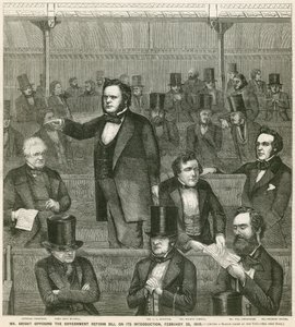 Pan John Bright se postavil proti vládnímu reformnímu návrhu na jeho zavedení, 28. února 1859 od English School