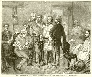 Pan Kavanagh se připravuje na průchod rebelskou armádou v Lucknow od English School