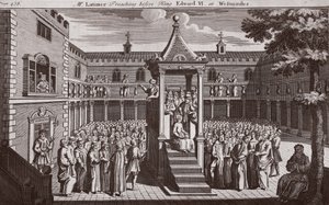 Pan Latimer káže před králem Eduardem VI. ve Westminsteru, ilustrace z knihy Foxes Martyrs, cca 1703. od English School