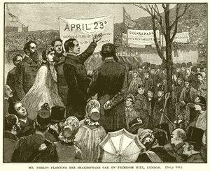 Pan Phelps sází Shakespearův dub na Primrose Hill v Londýně od English School