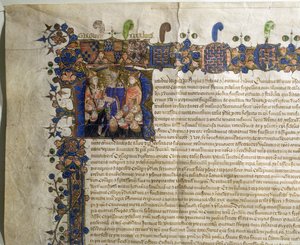 Ms.29410 Historická iniciála R zobrazující menší kanovníky katedrály St. Pauls, detail z Royal Charter of Incorporation od English School