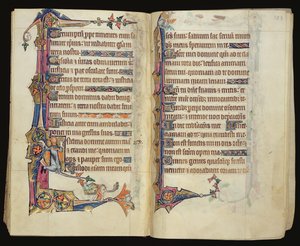Ms 1-2005, ff.122v-123r: Groteskní okrajová dekorace z Macclesfieldského žaltáře, Use of Sarum, East Anglia, c.1330 od English School