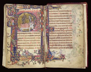 Ms 1-2005, ff.235v-236r: Smrt zasahuje, historizovaná iniciála z Macclesfieldského žaltáře, užití Sarum, východní Anglie, kolem roku 1330 od English School