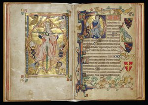 Ms 242 ff.28v-29r The Trinity and the Throne of Mercy v historické iniciále D, z Packham-Clifford Hours, Use of Sarum, c.1314-31 (zlatolist a tempera na pergamenu) od English School