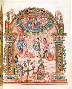 Ms 274 (Y-6) fol.33 Zvěstování pastýřům a útěk do Egypta, z misálu Roberta z Jumieges, kolem 1016
