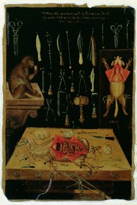 Paní Hunter 364 Table I pitevní nástroje, od Anatomical Tables, John Banister (1540-1610) (olej na hnědém papíře) od English School