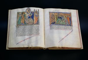 Paní L.A. 139-Lisboa fol.37 v-38 Šelma rouhající se Božímu jménu a lidé uctívající 3. a 2. zvíře, z Gulbenkianovy apokalypsy, kolem 1265-70 od English School