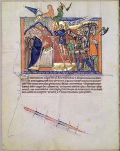 Ms L.A. 139-Lisboa fol.66 Božský válečník, který vede armádu proti těm, kteří útočí na věřící, z Gulbenkian Apocalypse, c.1265-70 od English School