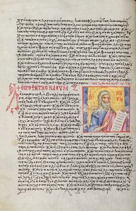Paní New Coll 44, f.22v, Dvanáct malých proroků, portrét Nahuma (pero a inkoust na pergamenu)