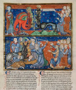 Ms R.16.2 f.14b Zabití sedmihlavé šelmy, z Apokalypsy o Trojici, anglo-normanská verze, asi 1250 (pergamen) od English School