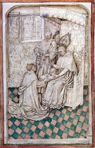 Paní R 14.5 f.8v Thomas Bekynton, biskup z Bath and Wells, přijímá Chaundlera z Abingdonského misálu, 1457-61 od English School