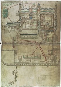 Paní R 171 f.285 Plán canterburské katedrály a vodovodního systému, z „Eadwine Psalter“, c.1150 (vellum) od English School
