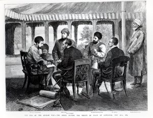 Muhammad Yaqub Khan (1849-1923) podepisující mírovou smlouvu v Gundamaku 26. května 1879 od English School