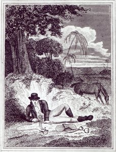 Mungo Park v Africe, ilustrace z knihy "Travels in the interior districts of Africa: performed in the years 1795, 1796, and 1797", vydané v roce 1816 (tisk) od English School