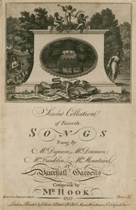 Hudební partitura se sbírkou oblíbených písní zpívaných ve Vauxhall Gardens v Londýně, kterou složil pan Hook. od English School