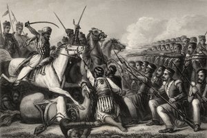 Vzbouřenecká jízda útočící na náměstí pěchoty v bitvě u Cawnpore v roce 1857, z „Historie indické vzpoury“, vydané v roce 1858 od English School