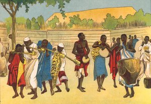 Národní dechový orchestr, Toro, Uganda (barevná litografie) od English School