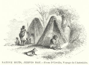 Domorodé chaty, Jervis Bay (rytina) od English School
