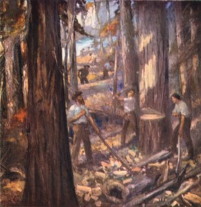 Nový Brunšvik, William Davidson, první kanadský dřevorubec, řezající stěžně pro britské námořnictvo (barevná litografie) od English School