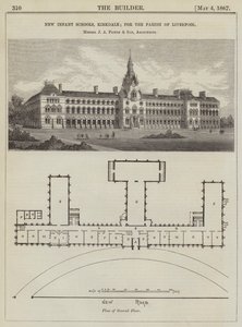 New Infant Schools, Kirkdale; pro farnost Liverpool, pánové J A Picton a syn, architekti (rytina) od English School