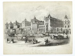 Nová nemocnice St. Thomass, otevřena Jejím Veličenstvom královnou 1871, hospoda. J.T. Dřevo od English School