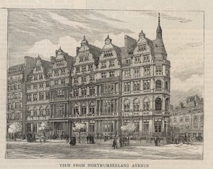 Nová budova Constitutional Club v Northumberland Avenue: Pohled z Northumberland Avenue od English School
