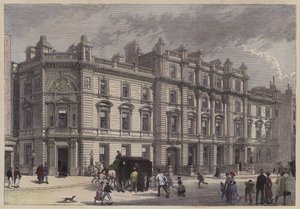 Nová budova soudu a policejní stanice, Bow Street, Londýn, c1880 (barevná rytina) od English School